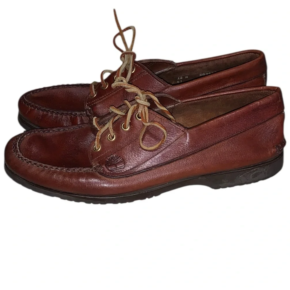 Vintage Timberland Boat Shoes for Men Size 12 Brown Deck Shoes Leather Lace Up
